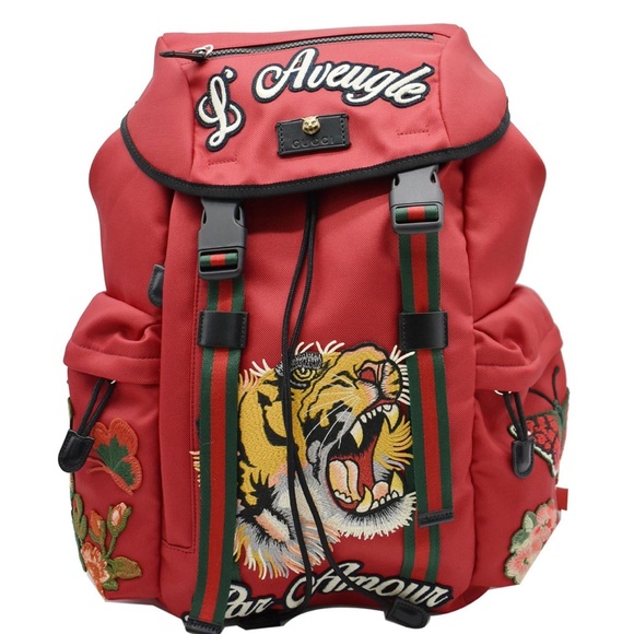 Gucci Other - 🆕💯% Auth GUCCI L'Aveugle Par Amour Embroidered Nylon Buckle Backpack Red
